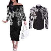 Japanese Irezumi and Hawaiian Polynesian Art Tattoo Couples Matching Off The Shoulder Long Sleeve Dress and Long Sleeve Button Shirt Black Color - Wonder Print Shop