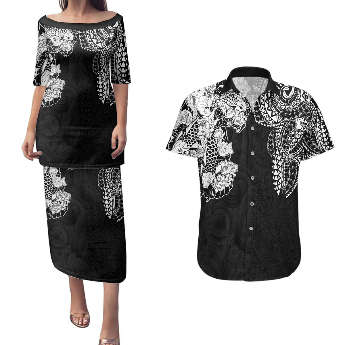 Japanese Irezumi and Hawaiian Polynesian Art Tattoo Couples Matching Puletasi and Hawaiian Shirt Black Color - Wonder Print Shop