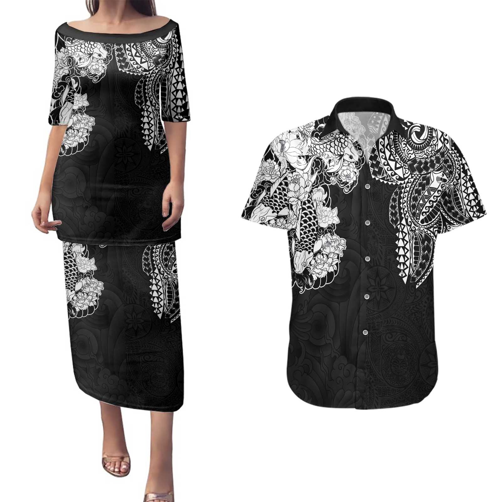Japanese Irezumi and Hawaiian Polynesian Art Tattoo Couples Matching Puletasi and Hawaiian Shirt Black Color - Wonder Print Shop