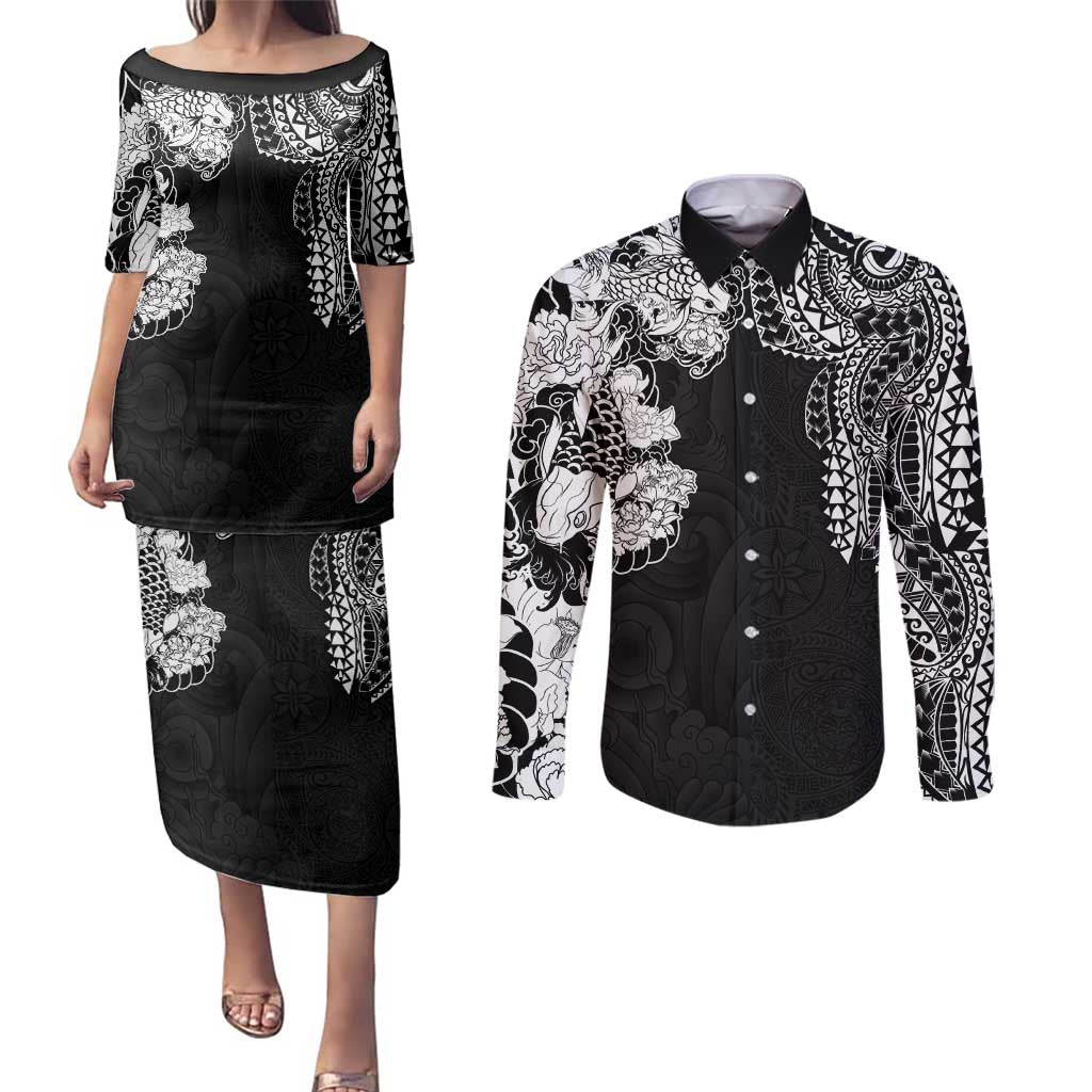 Japanese Irezumi and Hawaiian Polynesian Art Tattoo Couples Matching Puletasi and Long Sleeve Button Shirt Black Color - Wonder Print Shop