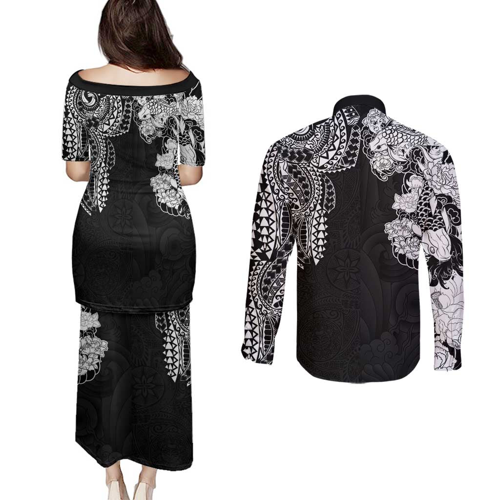 Japanese Irezumi and Hawaiian Polynesian Art Tattoo Couples Matching Puletasi and Long Sleeve Button Shirt Black Color - Wonder Print Shop