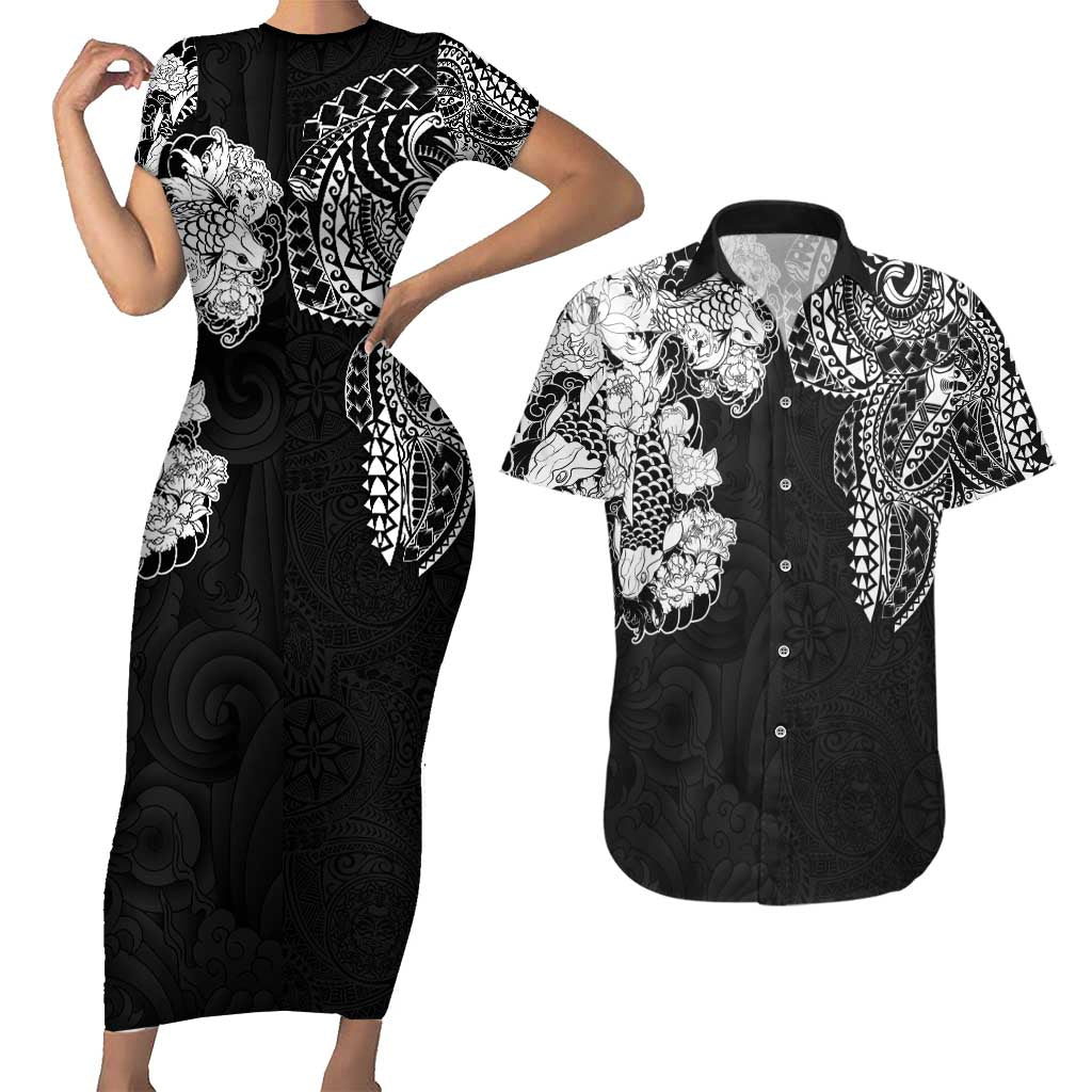 Japanese Irezumi and Hawaiian Polynesian Art Tattoo Couples Matching Short Sleeve Bodycon Dress and Hawaiian Shirt Black Color - Wonder Print Shop