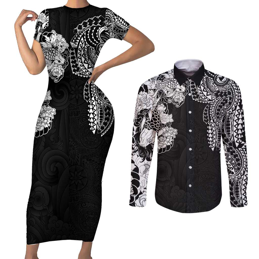 Japanese Irezumi and Hawaiian Polynesian Art Tattoo Couples Matching Short Sleeve Bodycon Dress and Long Sleeve Button Shirt Black Color - Wonder Print Shop