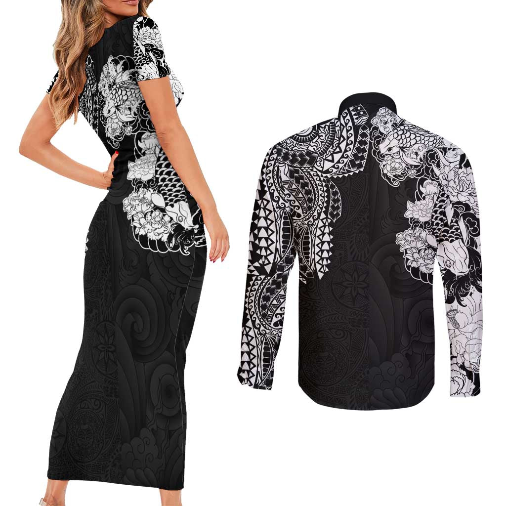 Japanese Irezumi and Hawaiian Polynesian Art Tattoo Couples Matching Short Sleeve Bodycon Dress and Long Sleeve Button Shirt Black Color - Wonder Print Shop
