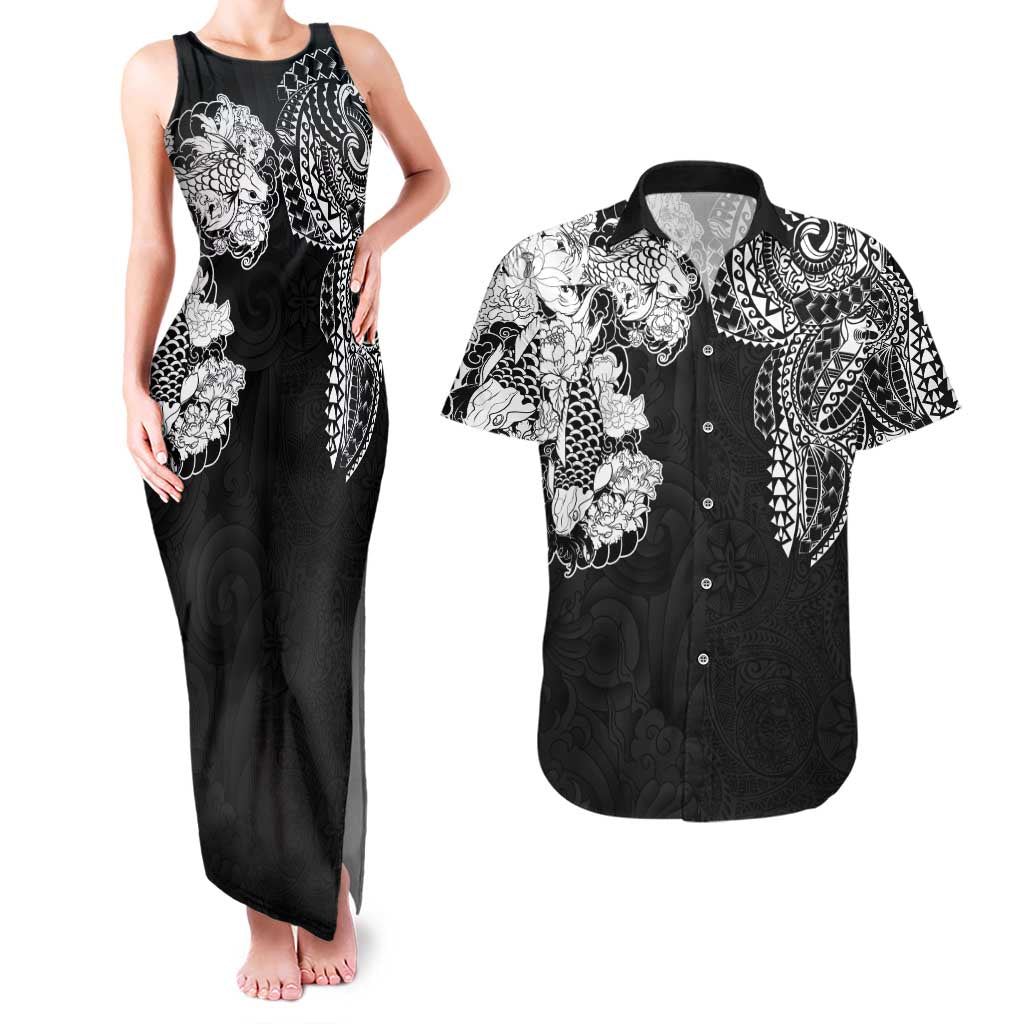 Japanese Irezumi and Hawaiian Polynesian Art Tattoo Couples Matching Tank Maxi Dress and Hawaiian Shirt Black Color - Wonder Print Shop