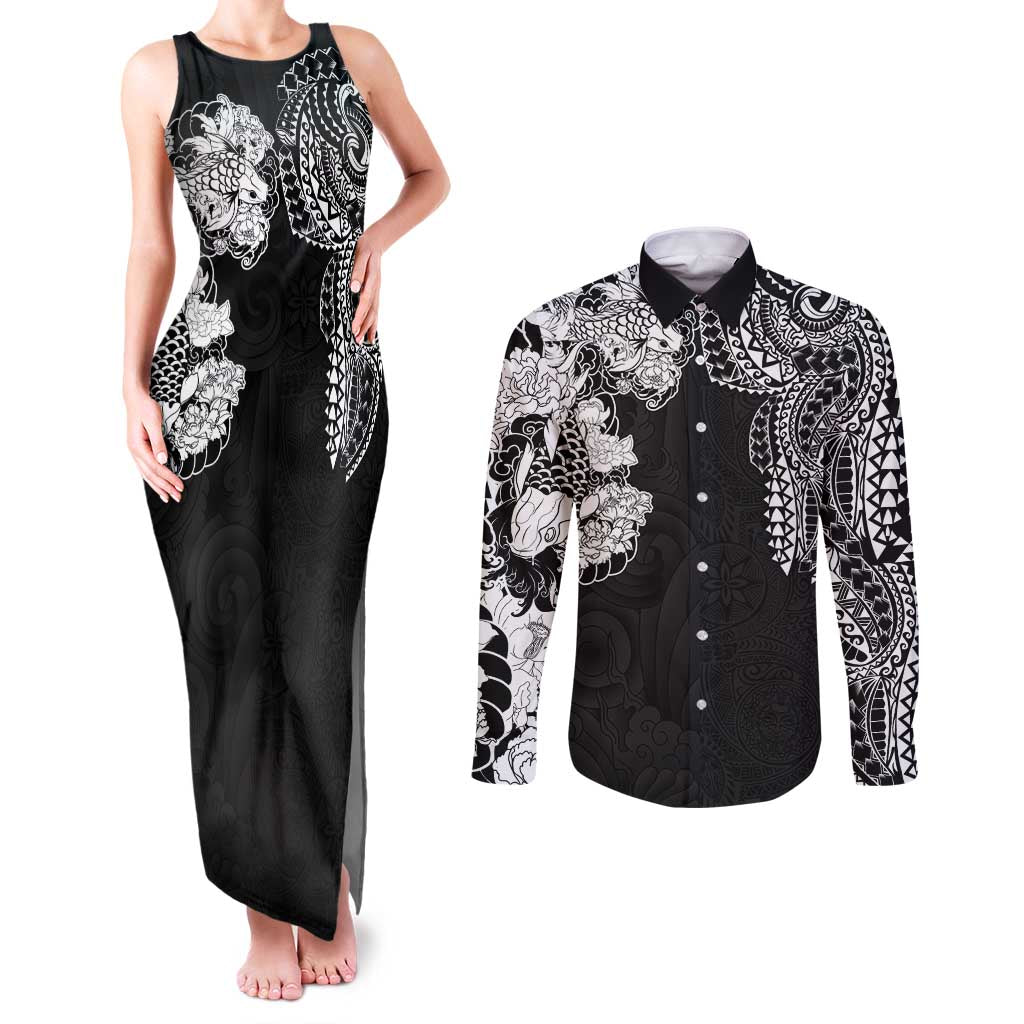Japanese Irezumi and Hawaiian Polynesian Art Tattoo Couples Matching Tank Maxi Dress and Long Sleeve Button Shirt Black Color - Wonder Print Shop