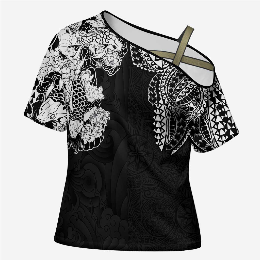 Japanese Irezumi and Hawaiian Polynesian Art Tattoo Cross Shoulder Shirt Black Color - Wonder Print Shop