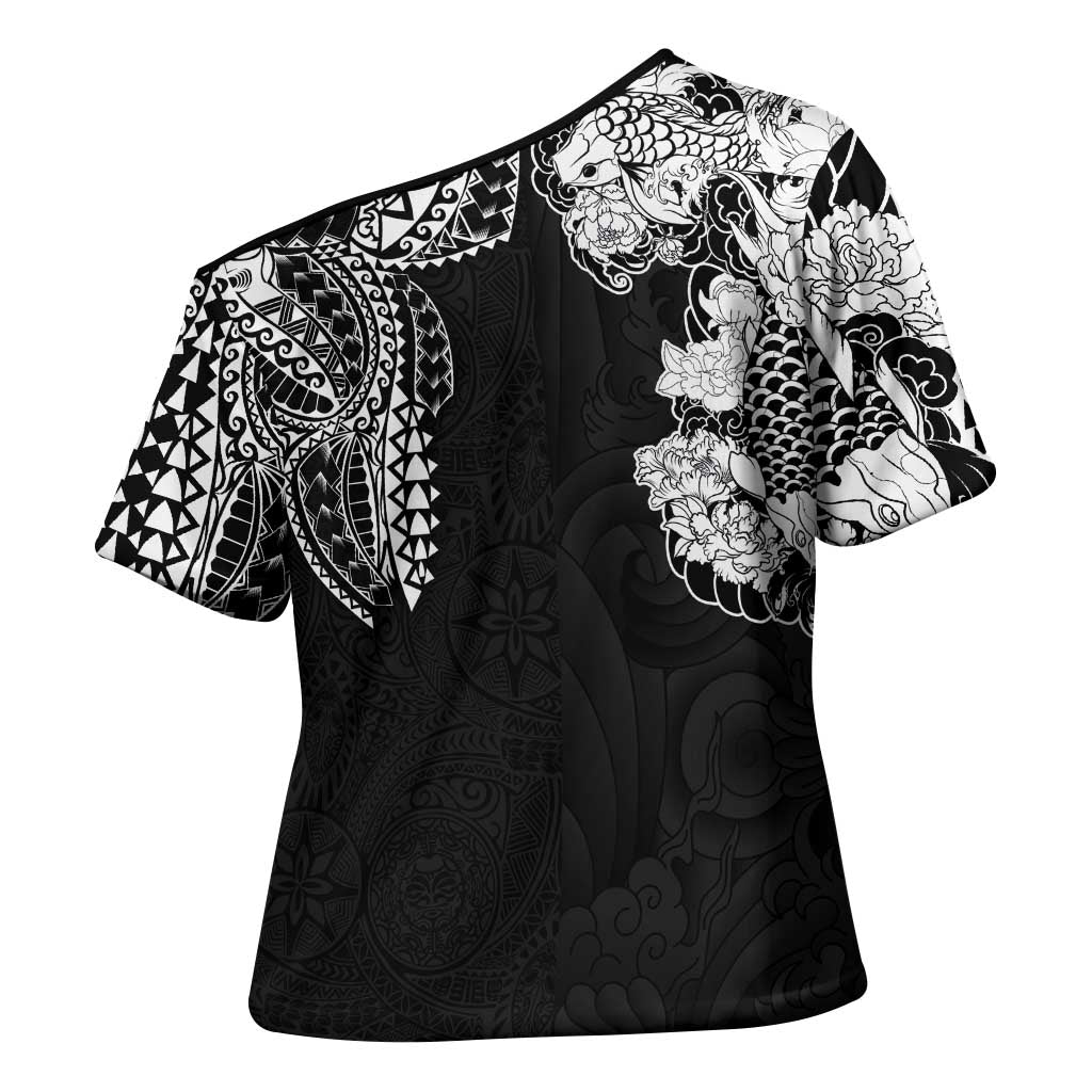 Japanese Irezumi and Hawaiian Polynesian Art Tattoo Cross Shoulder Shirt Black Color - Wonder Print Shop