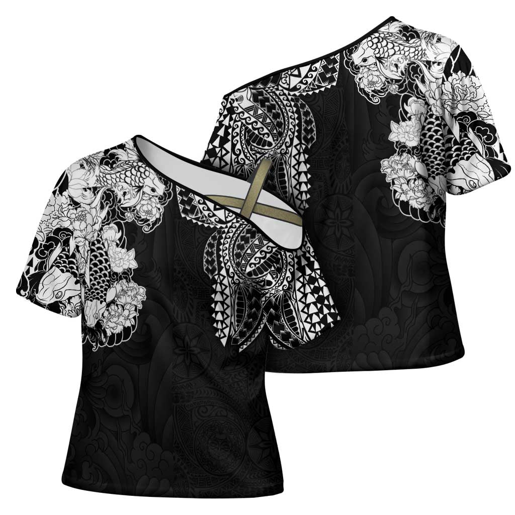 Japanese Irezumi and Hawaiian Polynesian Art Tattoo Cross Shoulder Shirt Black Color - Wonder Print Shop