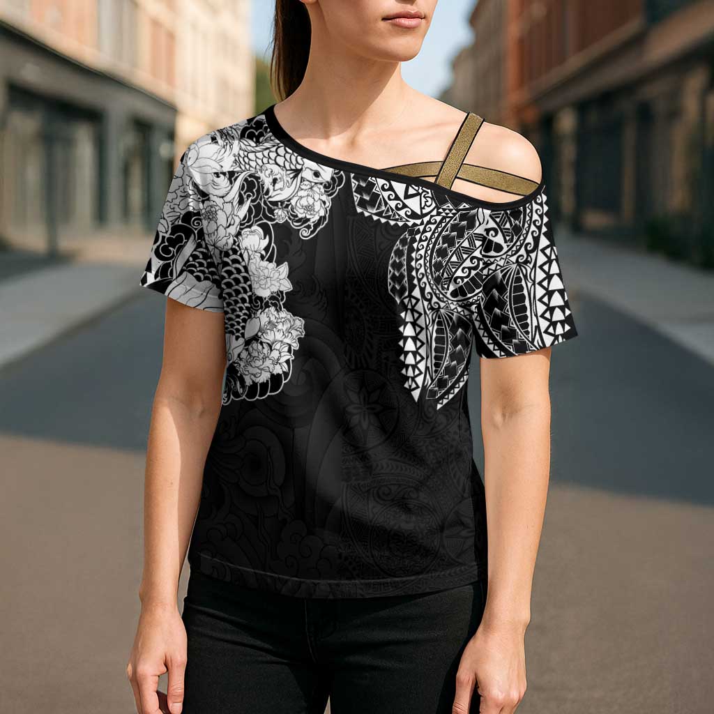 Japanese Irezumi and Hawaiian Polynesian Art Tattoo Cross Shoulder Shirt Black Color - Wonder Print Shop