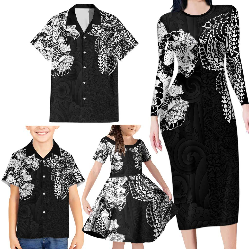 Japanese Irezumi and Hawaiian Polynesian Art Tattoo Family Matching Long Sleeve Bodycon Dress and Hawaiian Shirt Black Color - Wonder Print Shop