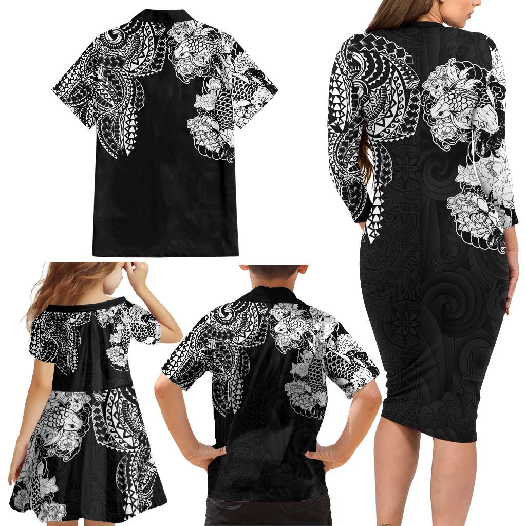 Japanese Irezumi and Hawaiian Polynesian Art Tattoo Family Matching Long Sleeve Bodycon Dress and Hawaiian Shirt Black Color - Wonder Print Shop