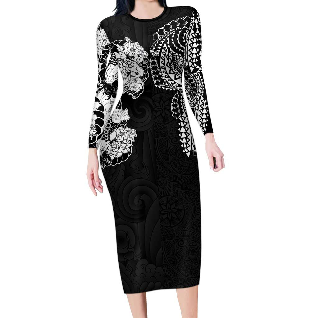 Japanese Irezumi and Hawaiian Polynesian Art Tattoo Family Matching Long Sleeve Bodycon Dress and Hawaiian Shirt Black Color - Wonder Print Shop