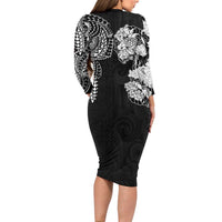 Japanese Irezumi and Hawaiian Polynesian Art Tattoo Family Matching Long Sleeve Bodycon Dress and Hawaiian Shirt Black Color - Wonder Print Shop