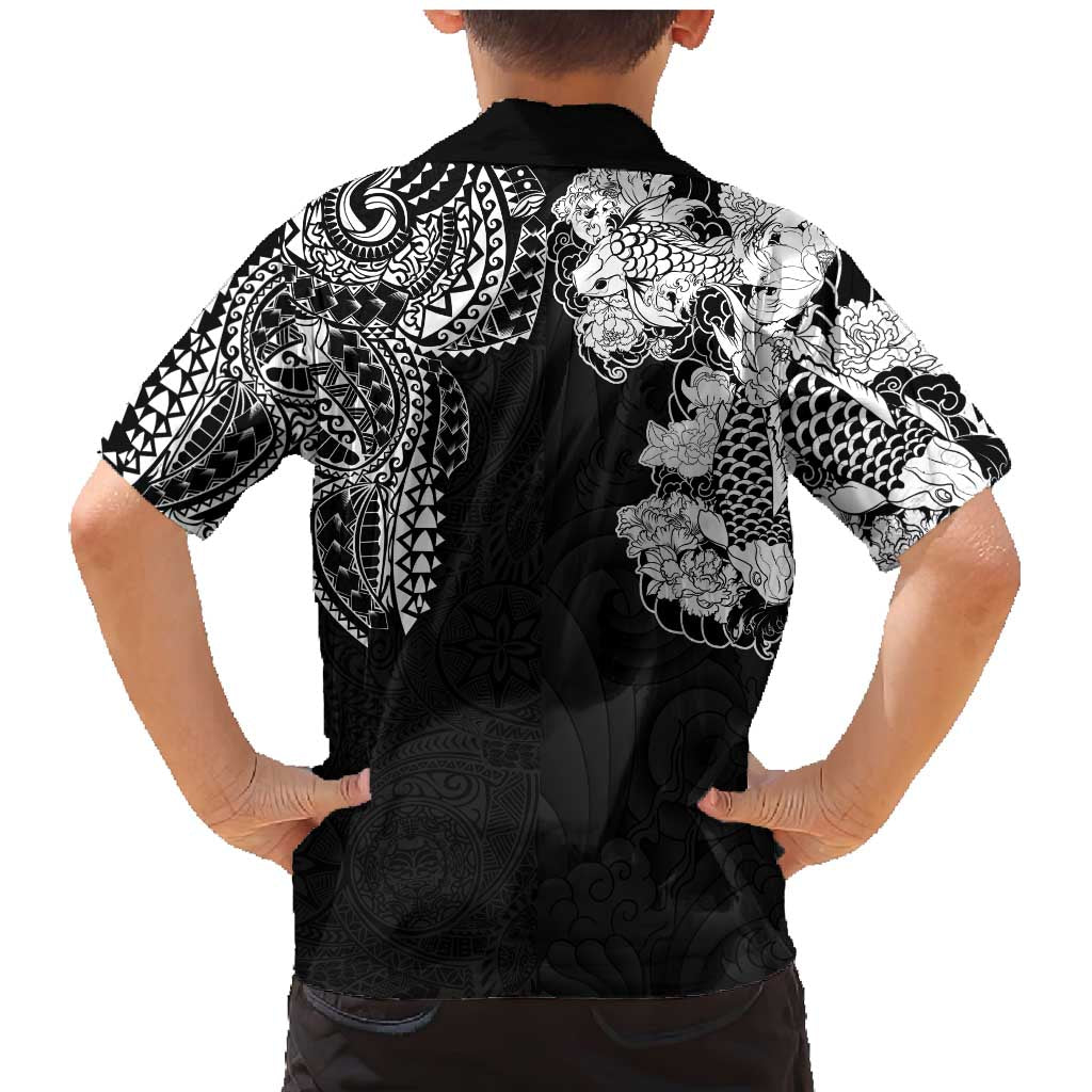 Japanese Irezumi and Hawaiian Polynesian Art Tattoo Family Matching Mermaid Dress and Hawaiian Shirt Black Color - Wonder Print Shop
