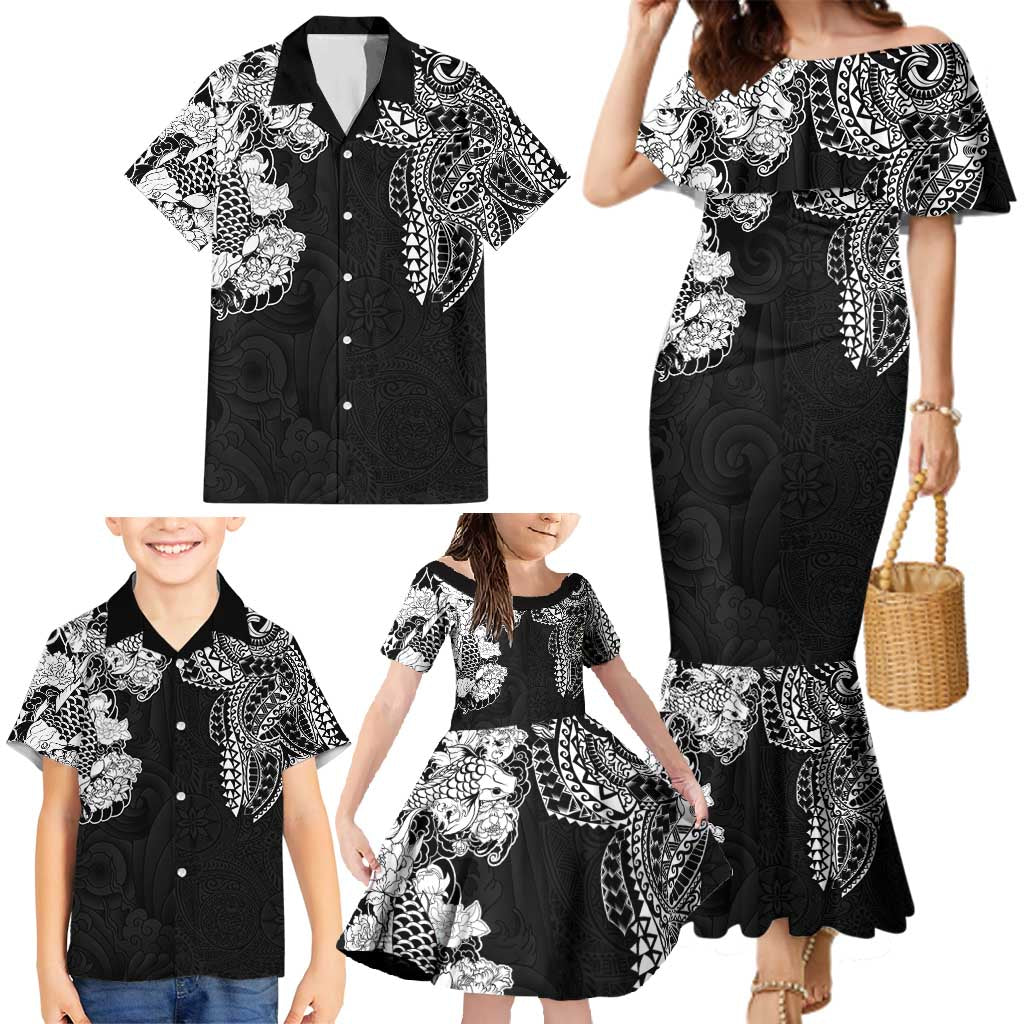 Japanese Irezumi and Hawaiian Polynesian Art Tattoo Family Matching Mermaid Dress and Hawaiian Shirt Black Color - Wonder Print Shop