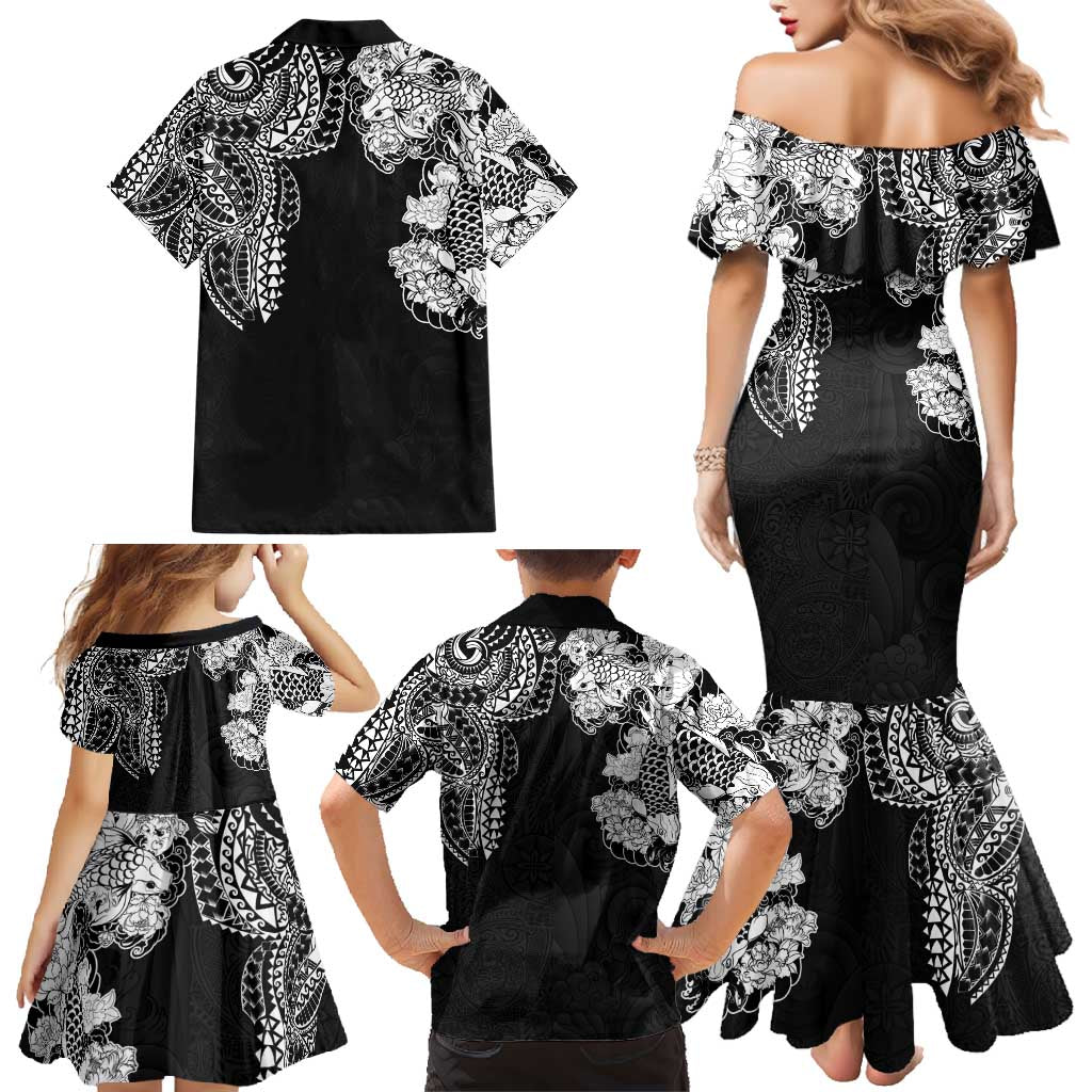 Japanese Irezumi and Hawaiian Polynesian Art Tattoo Family Matching Mermaid Dress and Hawaiian Shirt Black Color - Wonder Print Shop