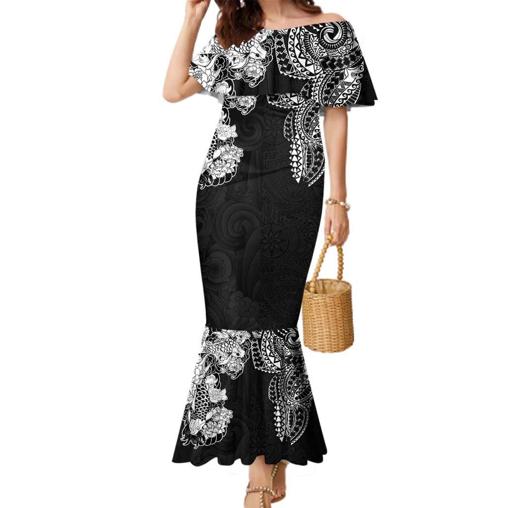 Japanese Irezumi and Hawaiian Polynesian Art Tattoo Family Matching Mermaid Dress and Hawaiian Shirt Black Color - Wonder Print Shop