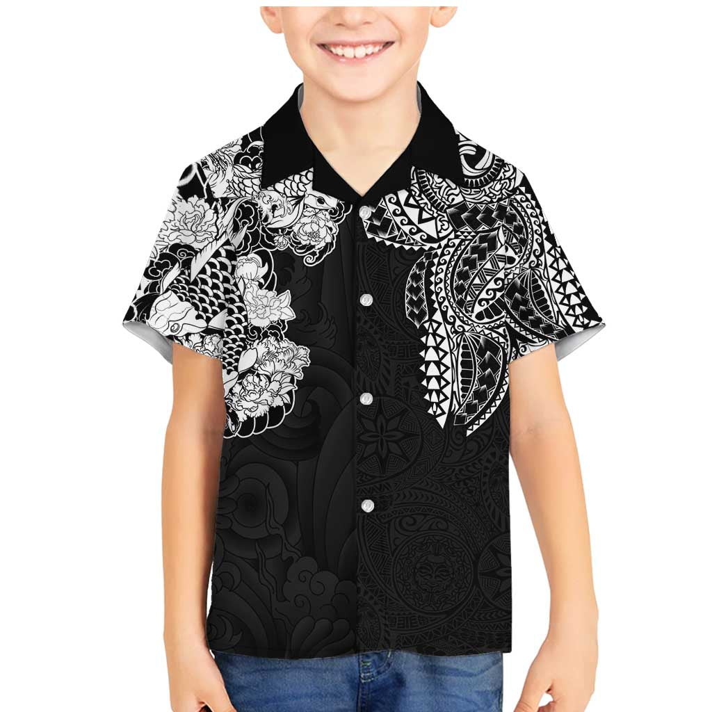 Japanese Irezumi and Hawaiian Polynesian Art Tattoo Family Matching Mermaid Dress and Hawaiian Shirt Black Color - Wonder Print Shop