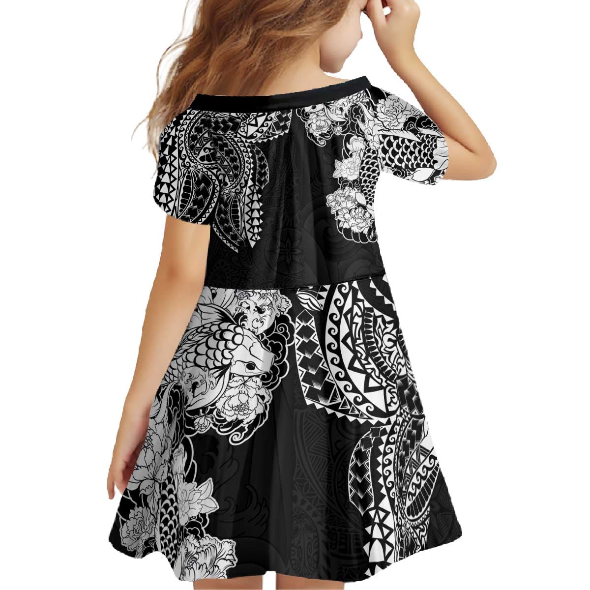 Japanese Irezumi and Hawaiian Polynesian Art Tattoo Family Matching Off The Shoulder Long Sleeve Dress and Hawaiian Shirt Black Color - Wonder Print Shop