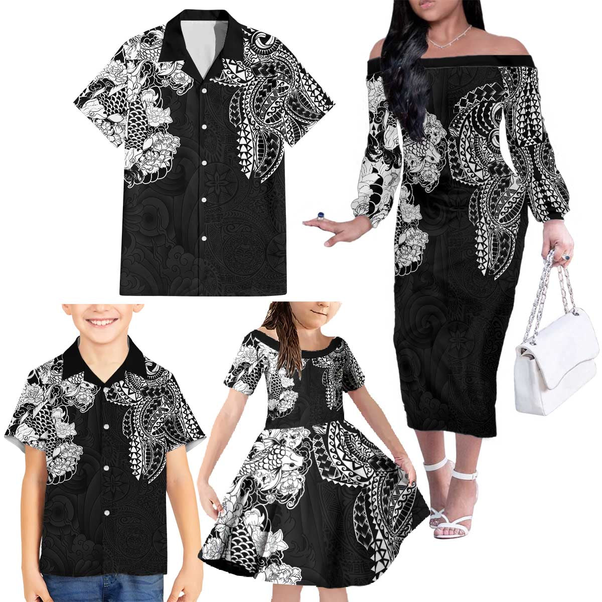 Japanese Irezumi and Hawaiian Polynesian Art Tattoo Family Matching Off The Shoulder Long Sleeve Dress and Hawaiian Shirt Black Color - Wonder Print Shop