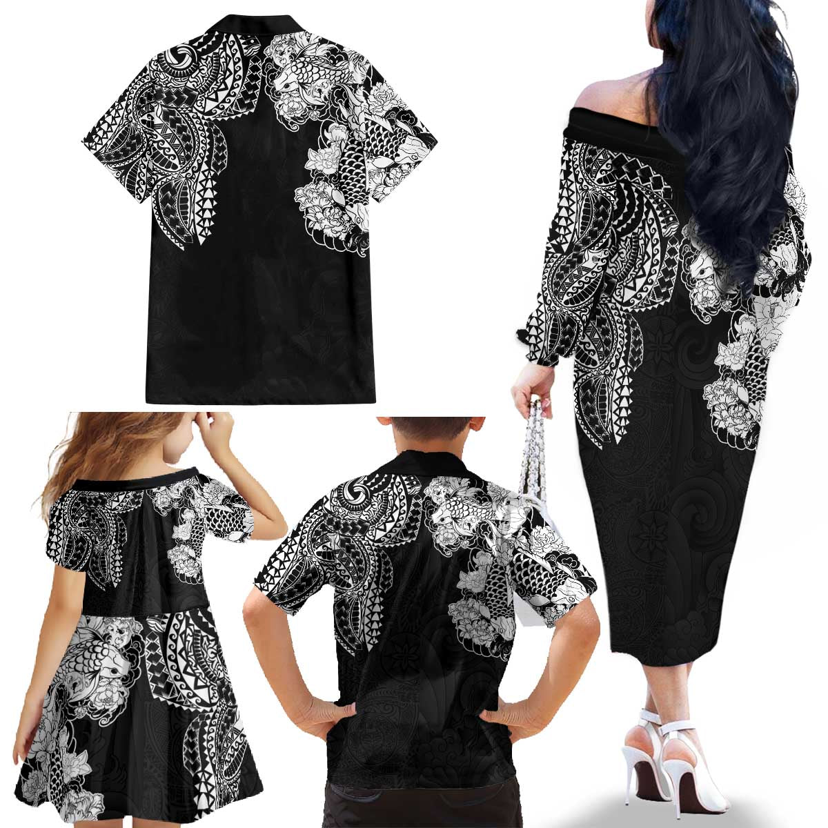Japanese Irezumi and Hawaiian Polynesian Art Tattoo Family Matching Off The Shoulder Long Sleeve Dress and Hawaiian Shirt Black Color - Wonder Print Shop
