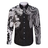 Japanese Irezumi and Hawaiian Polynesian Art Tattoo Family Matching Off The Shoulder Long Sleeve Dress and Hawaiian Shirt Black Color - Wonder Print Shop