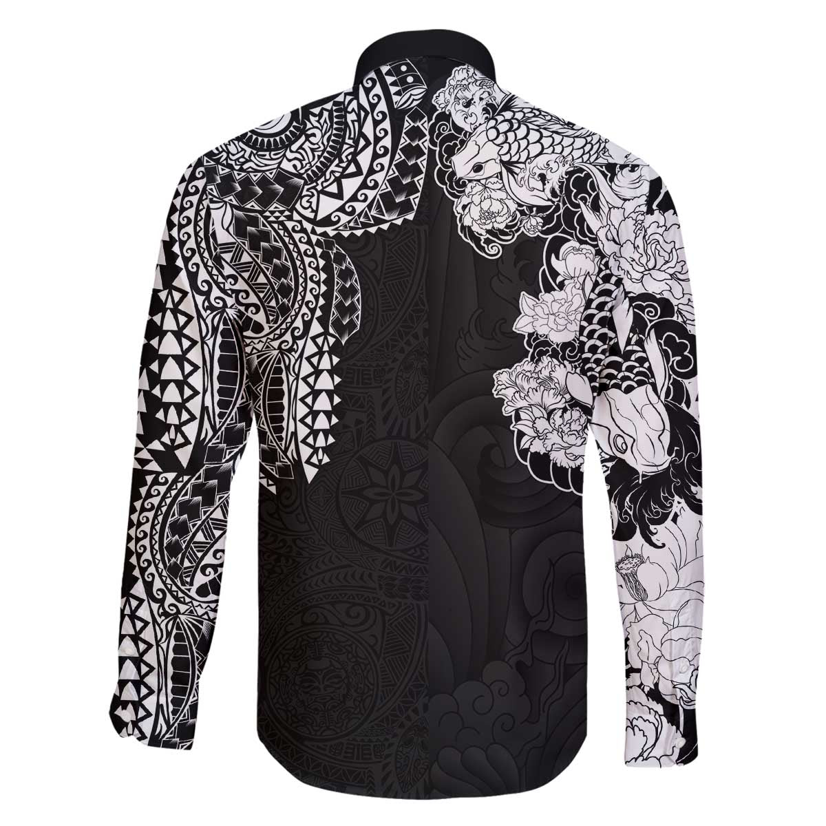 Japanese Irezumi and Hawaiian Polynesian Art Tattoo Family Matching Off The Shoulder Long Sleeve Dress and Hawaiian Shirt Black Color - Wonder Print Shop