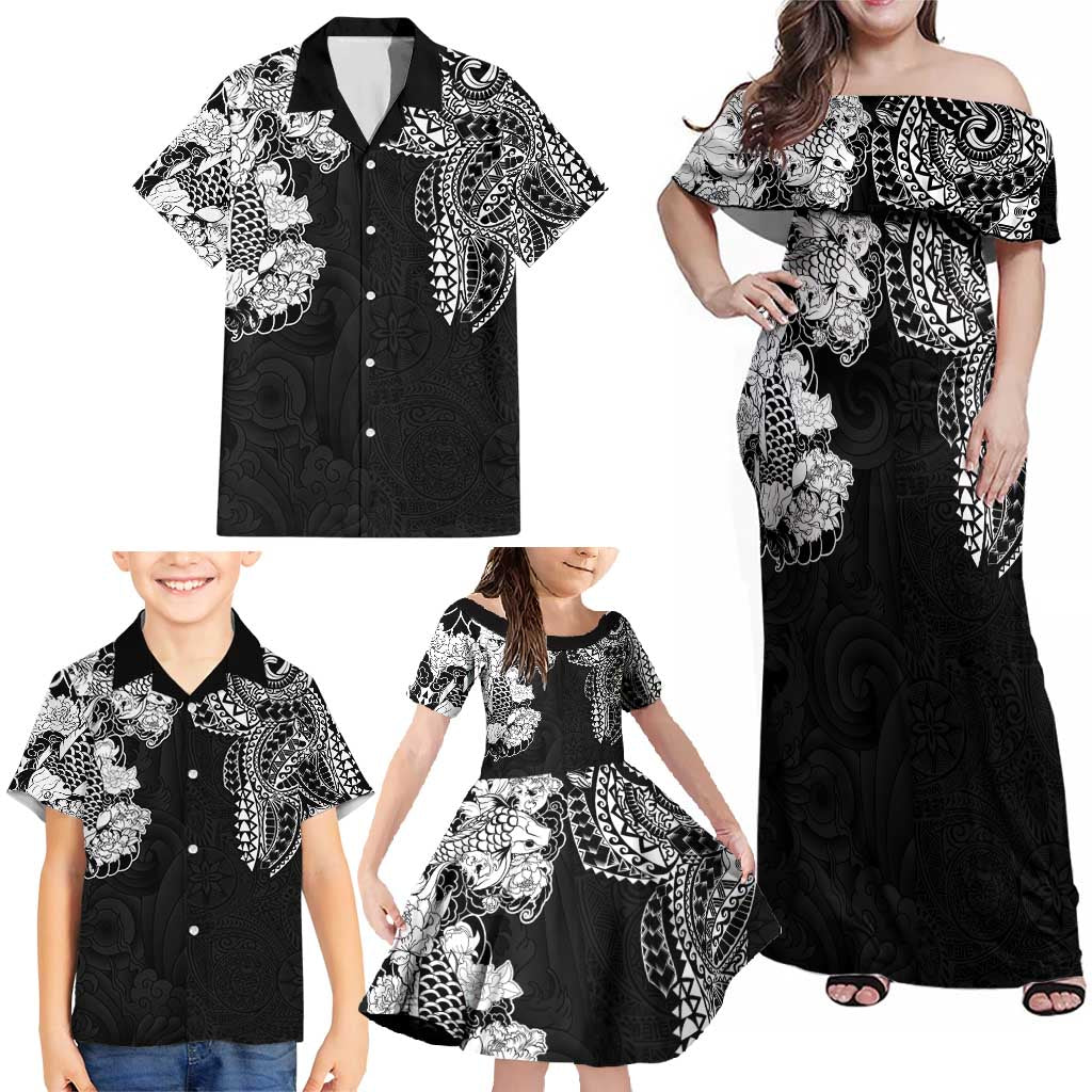 Japanese Irezumi and Hawaiian Polynesian Art Tattoo Family Matching Off Shoulder Maxi Dress and Hawaiian Shirt Black Color - Wonder Print Shop