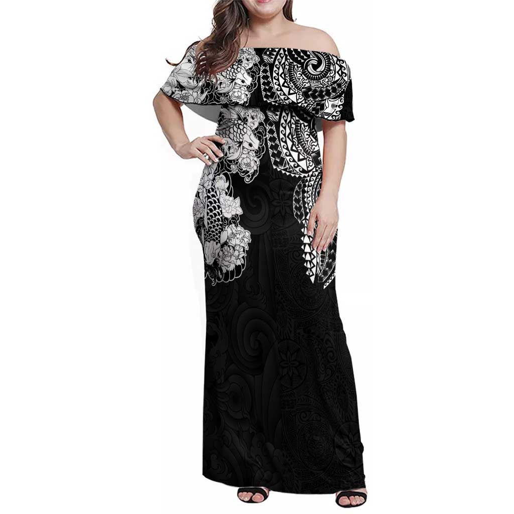 Japanese Irezumi and Hawaiian Polynesian Art Tattoo Family Matching Off Shoulder Maxi Dress and Hawaiian Shirt Black Color - Wonder Print Shop