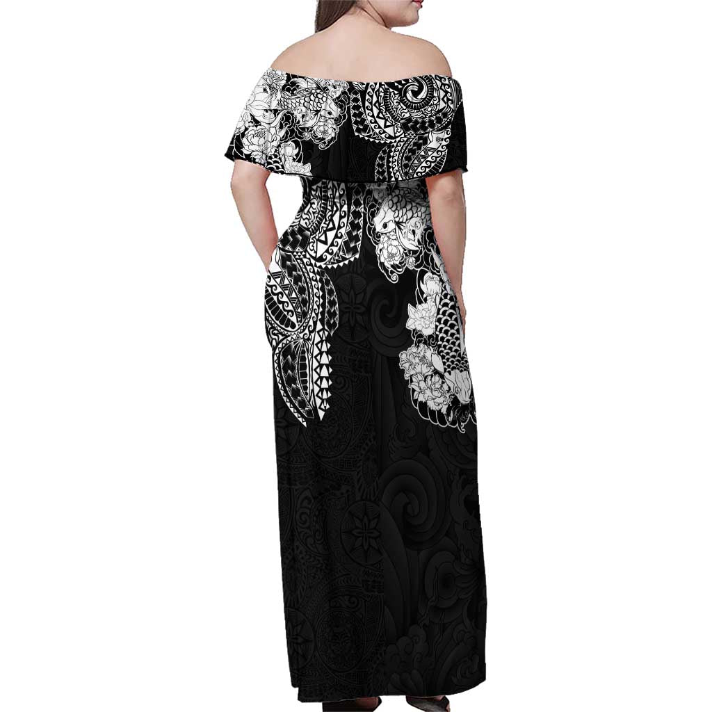Japanese Irezumi and Hawaiian Polynesian Art Tattoo Family Matching Off Shoulder Maxi Dress and Hawaiian Shirt Black Color - Wonder Print Shop