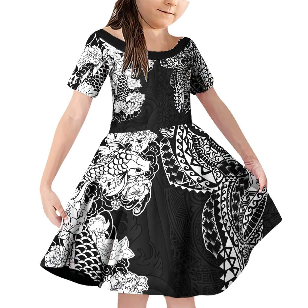 Japanese Irezumi and Hawaiian Polynesian Art Tattoo Family Matching Off Shoulder Short Dress and Hawaiian Shirt Black Color - Wonder Print Shop