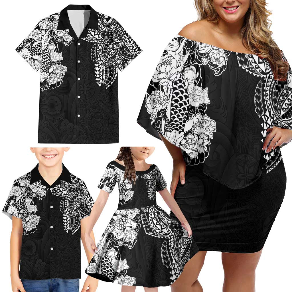 Japanese Irezumi and Hawaiian Polynesian Art Tattoo Family Matching Off Shoulder Short Dress and Hawaiian Shirt Black Color - Wonder Print Shop