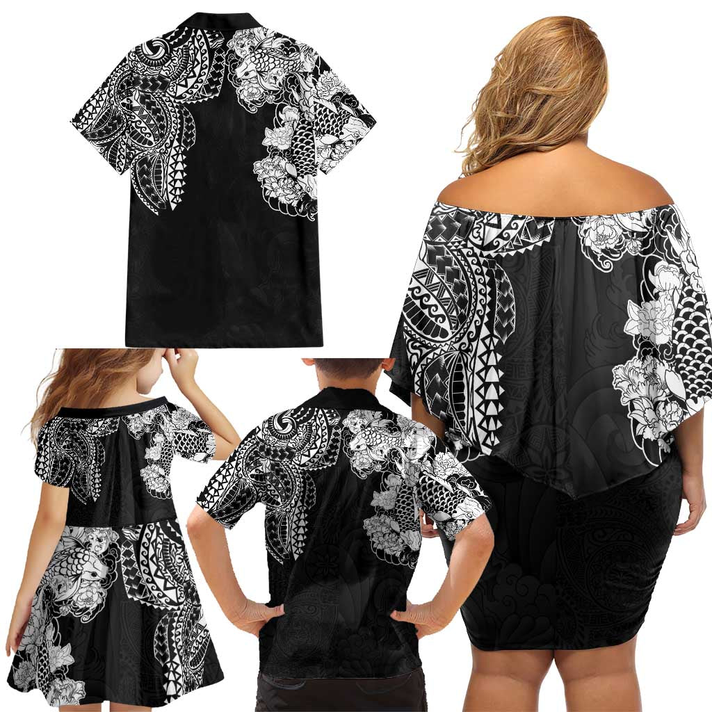 Japanese Irezumi and Hawaiian Polynesian Art Tattoo Family Matching Off Shoulder Short Dress and Hawaiian Shirt Black Color - Wonder Print Shop
