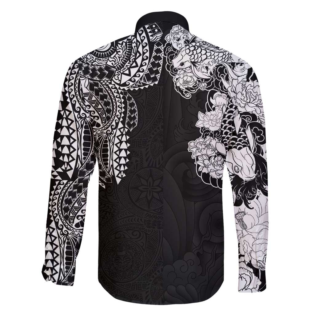 Japanese Irezumi and Hawaiian Polynesian Art Tattoo Family Matching Off Shoulder Short Dress and Hawaiian Shirt Black Color - Wonder Print Shop