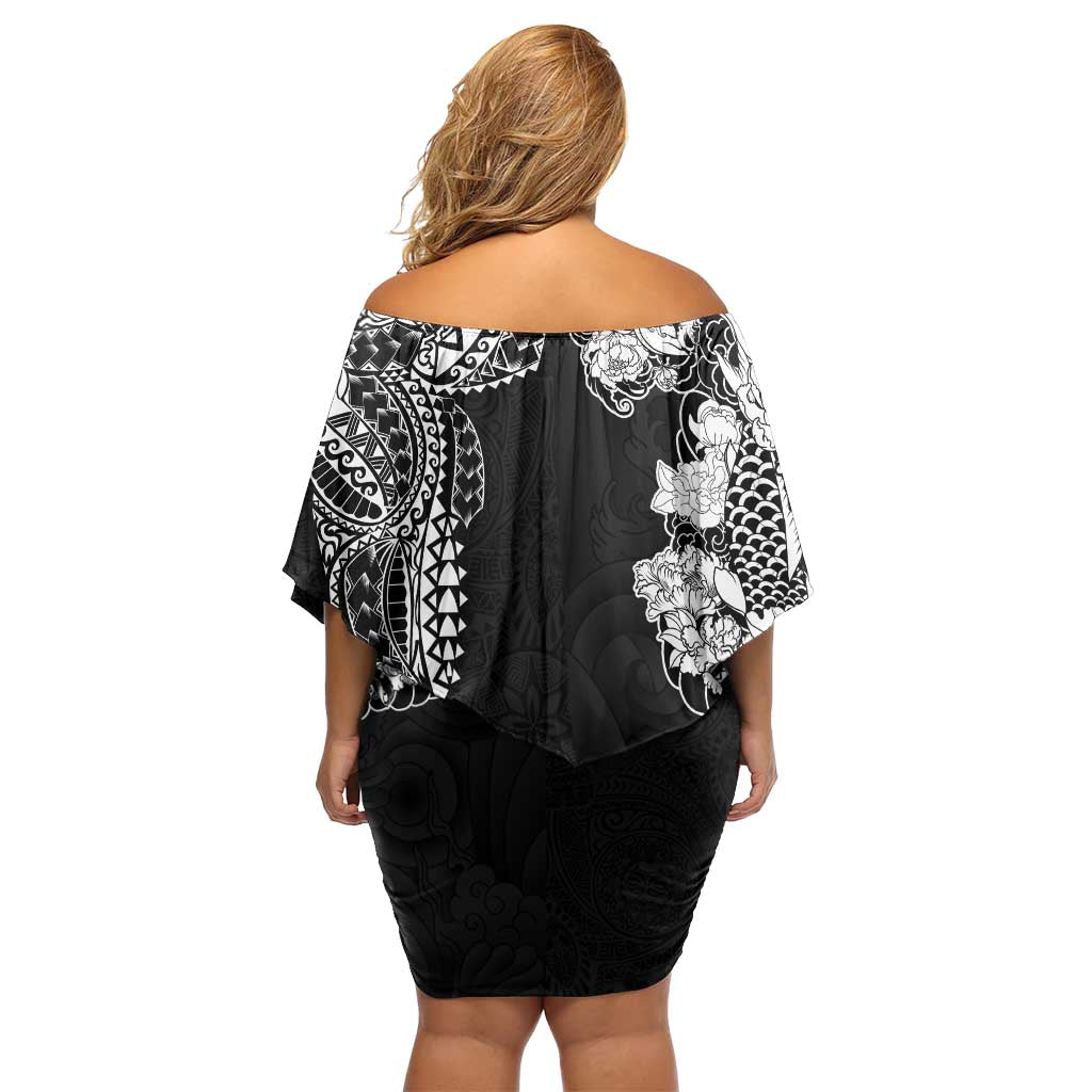 Japanese Irezumi and Hawaiian Polynesian Art Tattoo Family Matching Off Shoulder Short Dress and Hawaiian Shirt Black Color - Wonder Print Shop