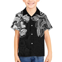 Japanese Irezumi and Hawaiian Polynesian Art Tattoo Family Matching Off Shoulder Short Dress and Hawaiian Shirt Black Color - Wonder Print Shop