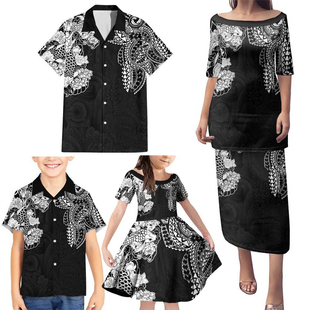Japanese Irezumi and Hawaiian Polynesian Art Tattoo Family Matching Puletasi and Hawaiian Shirt Black Color - Wonder Print Shop