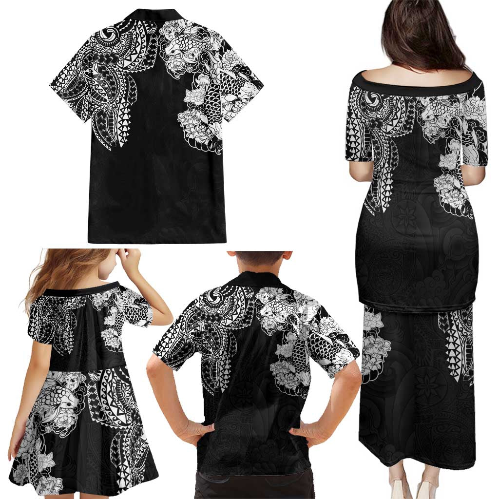 Japanese Irezumi and Hawaiian Polynesian Art Tattoo Family Matching Puletasi and Hawaiian Shirt Black Color - Wonder Print Shop