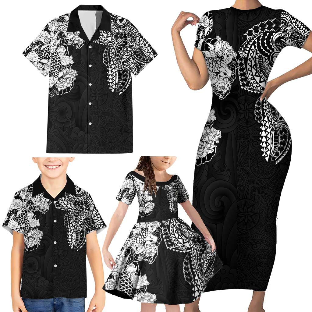 Japanese Irezumi and Hawaiian Polynesian Art Tattoo Family Matching Short Sleeve Bodycon Dress and Hawaiian Shirt Black Color - Wonder Print Shop