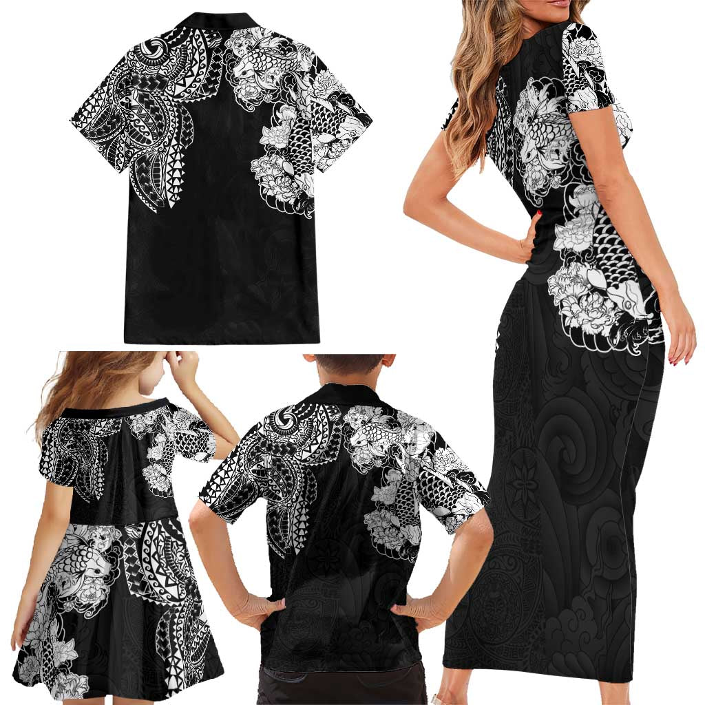 Japanese Irezumi and Hawaiian Polynesian Art Tattoo Family Matching Short Sleeve Bodycon Dress and Hawaiian Shirt Black Color - Wonder Print Shop