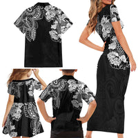 Japanese Irezumi and Hawaiian Polynesian Art Tattoo Family Matching Short Sleeve Bodycon Dress and Hawaiian Shirt Black Color - Wonder Print Shop