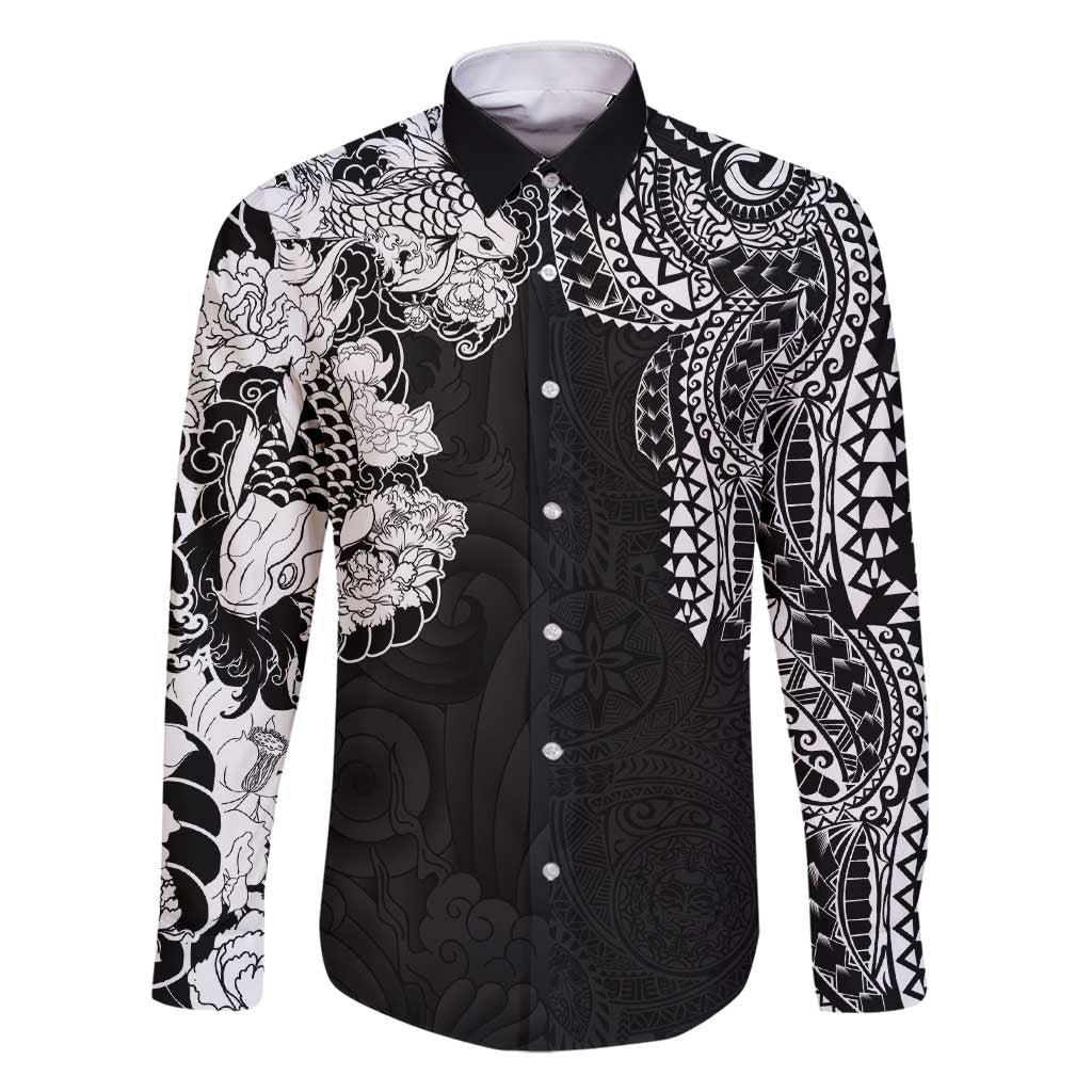 Japanese Irezumi and Hawaiian Polynesian Art Tattoo Family Matching Short Sleeve Bodycon Dress and Hawaiian Shirt Black Color - Wonder Print Shop