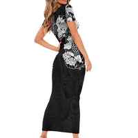 Japanese Irezumi and Hawaiian Polynesian Art Tattoo Family Matching Short Sleeve Bodycon Dress and Hawaiian Shirt Black Color - Wonder Print Shop