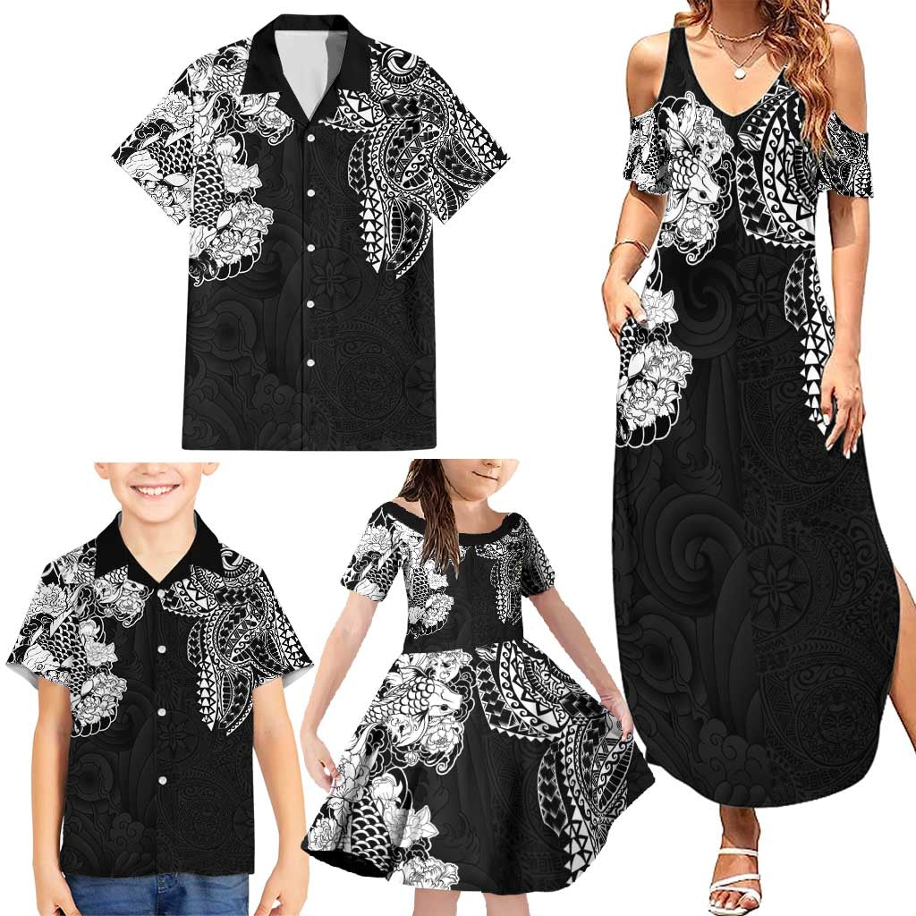 Japanese Irezumi and Hawaiian Polynesian Art Tattoo Family Matching Summer Maxi Dress and Hawaiian Shirt Black Color - Wonder Print Shop