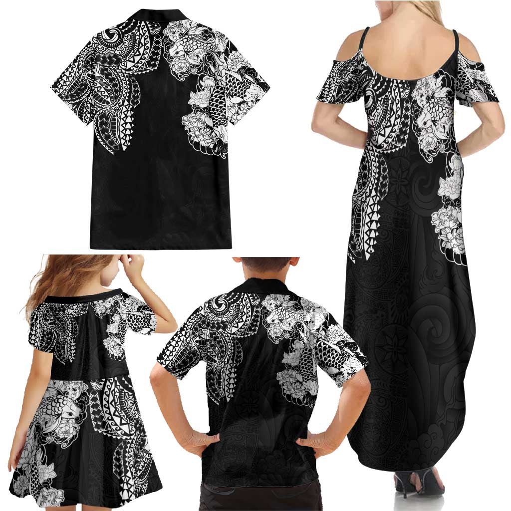 Japanese Irezumi and Hawaiian Polynesian Art Tattoo Family Matching Summer Maxi Dress and Hawaiian Shirt Black Color - Wonder Print Shop