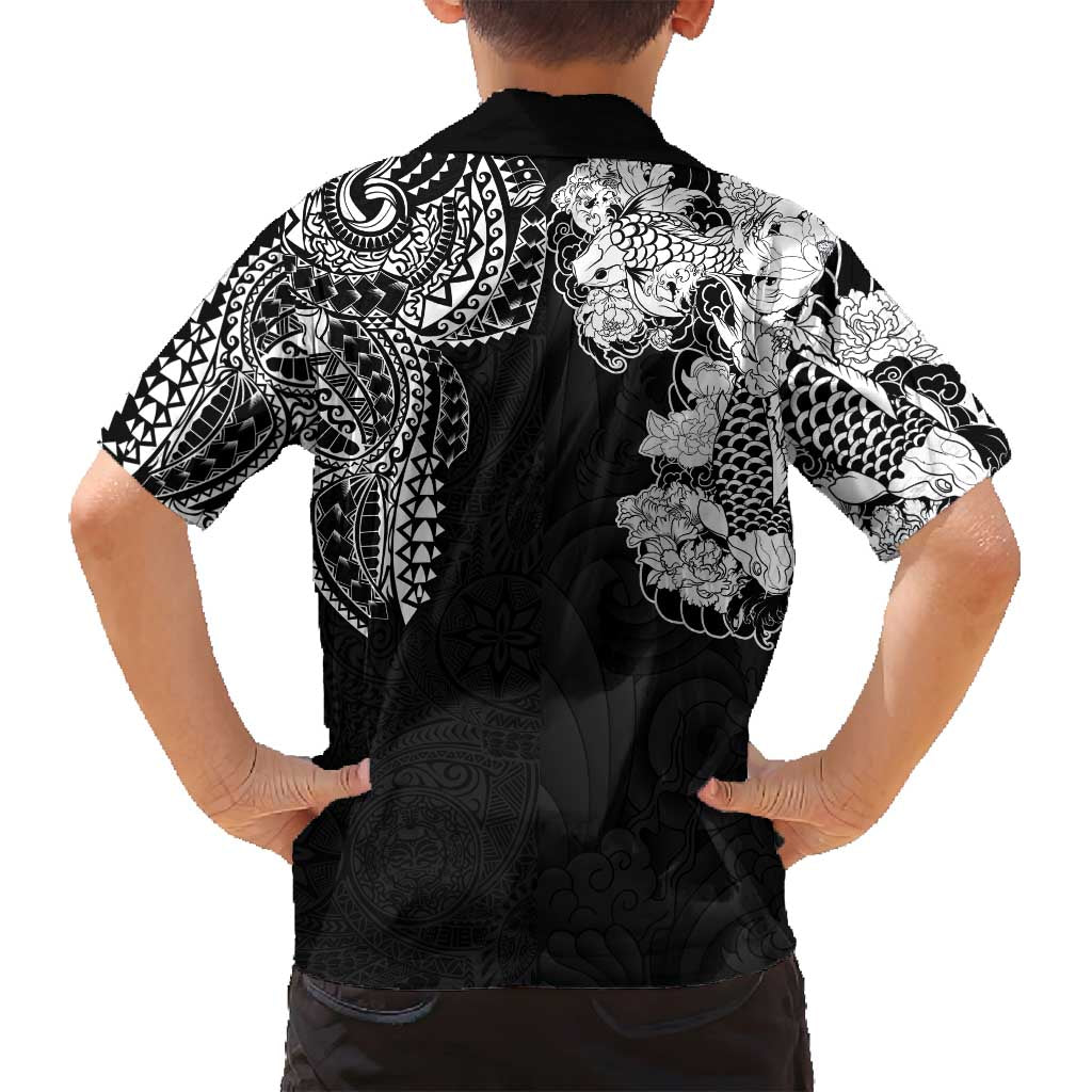 Japanese Irezumi and Hawaiian Polynesian Art Tattoo Family Matching Tank Maxi Dress and Hawaiian Shirt Black Color - Wonder Print Shop