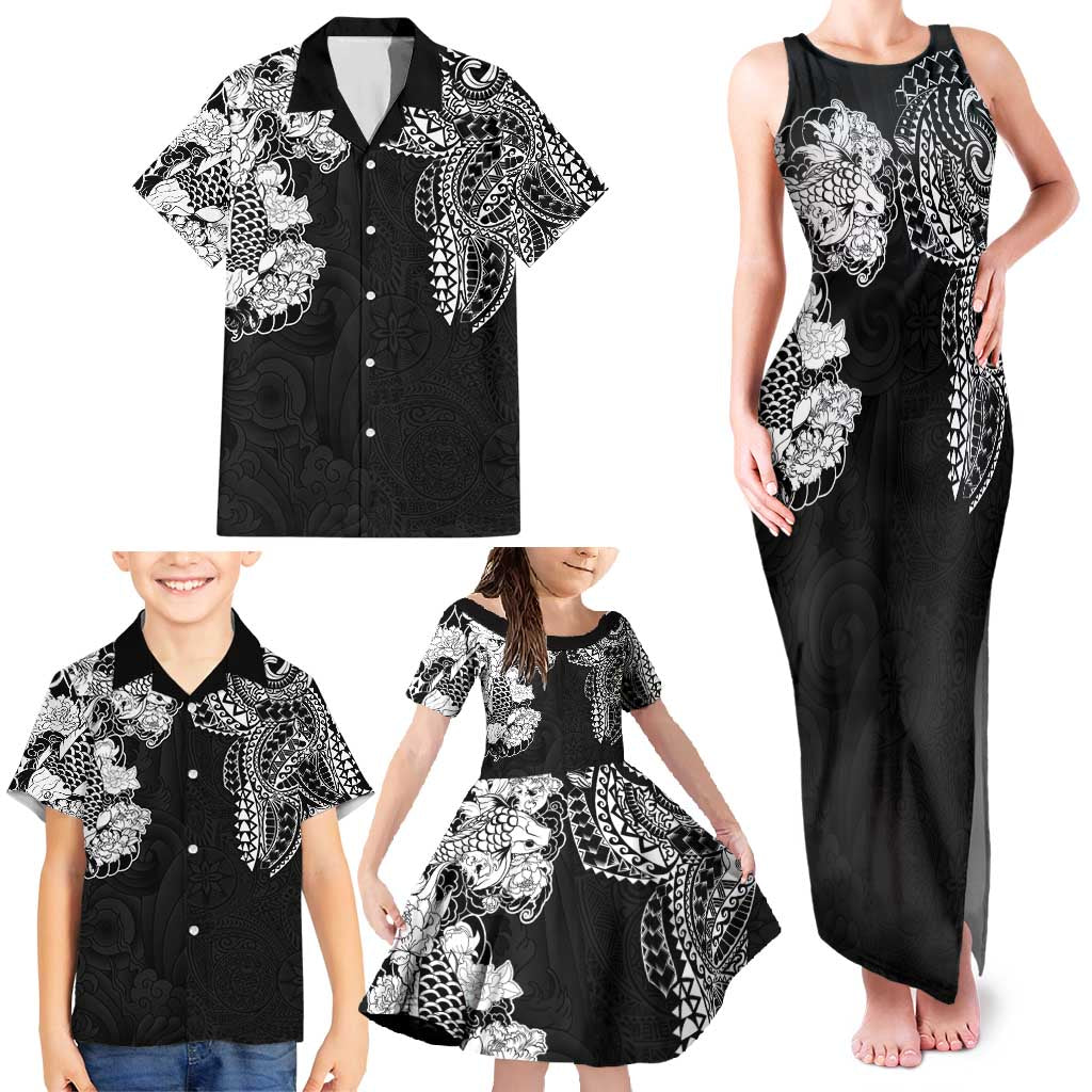 Japanese Irezumi and Hawaiian Polynesian Art Tattoo Family Matching Tank Maxi Dress and Hawaiian Shirt Black Color - Wonder Print Shop