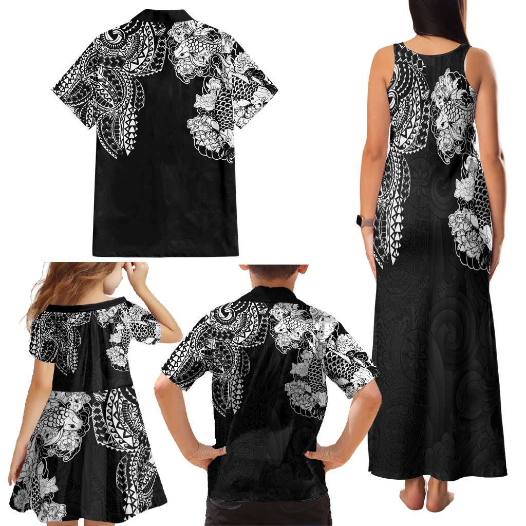 Japanese Irezumi and Hawaiian Polynesian Art Tattoo Family Matching Tank Maxi Dress and Hawaiian Shirt Black Color - Wonder Print Shop