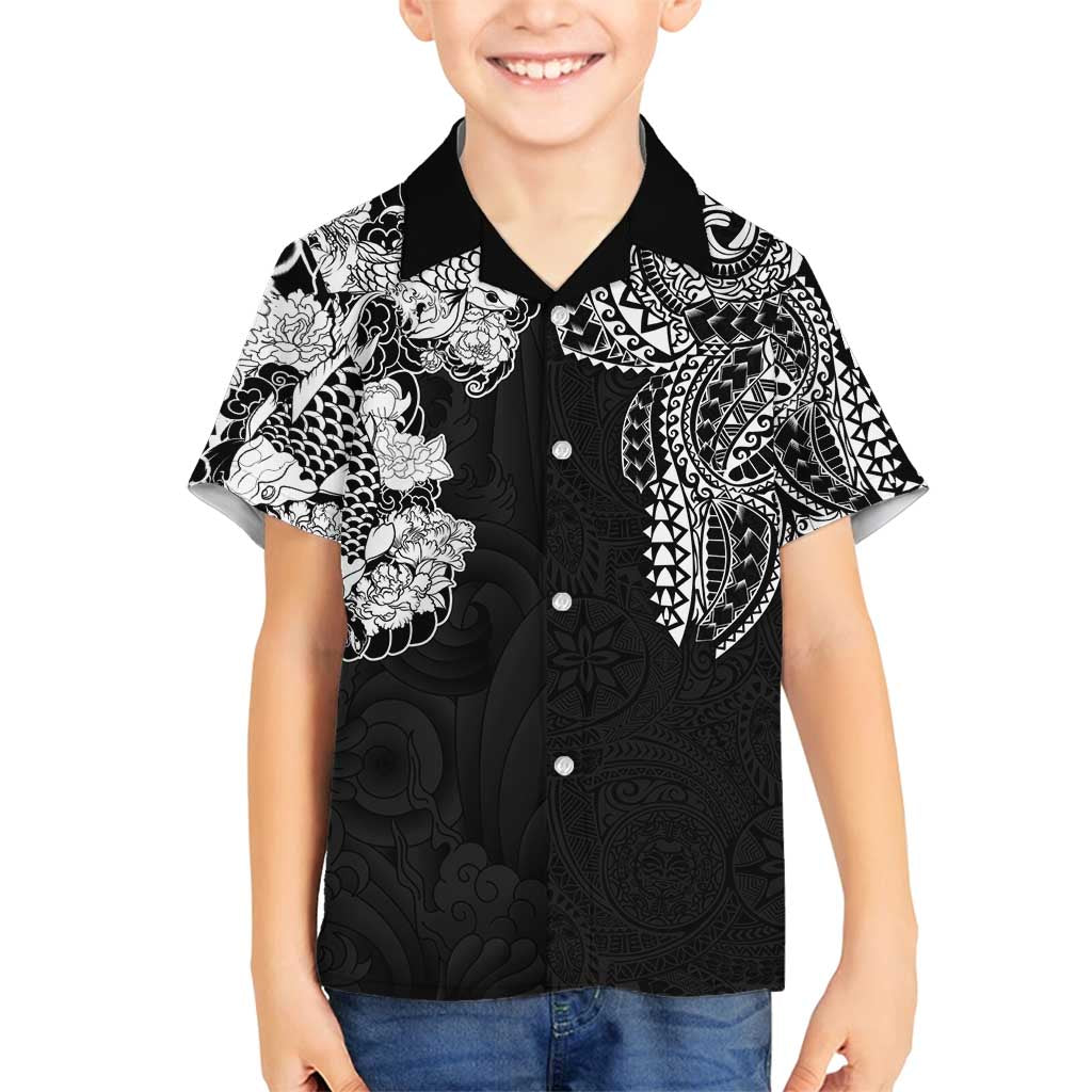 Japanese Irezumi and Hawaiian Polynesian Art Tattoo Family Matching Tank Maxi Dress and Hawaiian Shirt Black Color - Wonder Print Shop